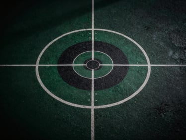 Abstract geometric patterns representing targeting and alignment, rendered as a technical diagram on a dark, textured surface, with sharp focus and dramatic shadows. Deep forest green and charcoal tones, 35mm.