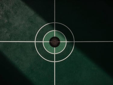 Abstract geometric patterns representing targeting and alignment, sharp focus, low-key directional light, 35mm, deep forest green and charcoal tones.