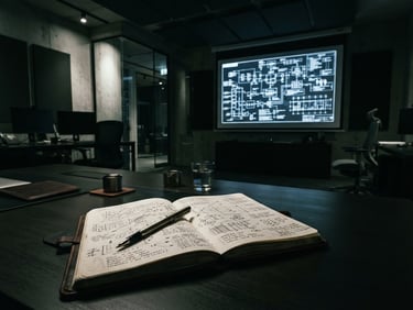 Wide atmospheric shot of a modern, dark-toned office with sharp directional light, a large technical diagram projected on a screen, and a single pen resting on a notebook with complex strategic notes in the foreground. High contrast, deep forest green and charcoal tones, 35mm.