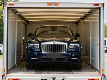 Luxury vehicle inside a clean, enclosed auto transport trailer, secure tie-down straps visible, sharp focus, bright natural daylight