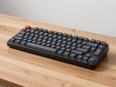 Tactile split ergonomic mechanical keyboard on a clean oak desk, crisp product photography, clean studio lighting, soft shadows, neutral light gray background
