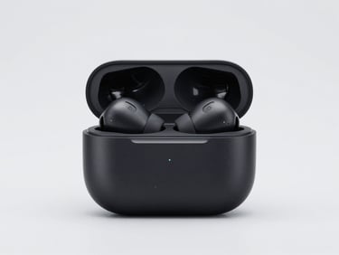 Macro shot of sleek black wireless earbuds in their charging case, crisp product photography, clean studio lighting, soft shadows, neutral light gray background