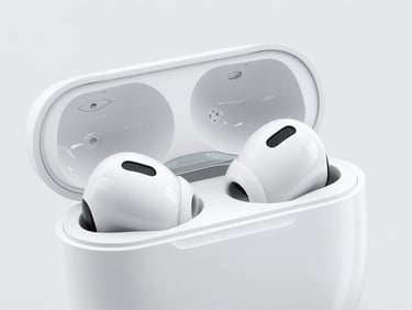 Close-up of premium wireless earbuds resting in a charging case, crisp studio lighting