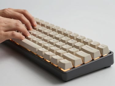 Close-up of hands typing on a mechanical keyboard, warm studio lighting