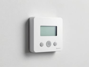 A modern smart thermostat mounted on a clean white wall, soft ambient lighting