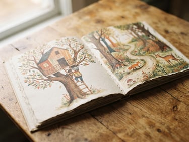 Tactile close-up of children's book pages open on a wooden table, soft natural window light, warm earth tones, shallow depth of field