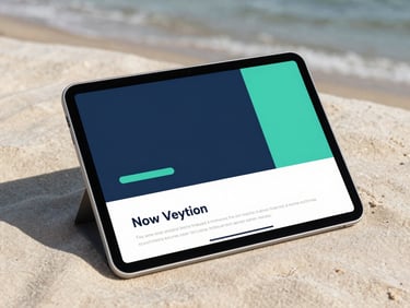 A modern tablet displaying a clean interactive invitation mockup, resting on a natural linen surface with soft shadows