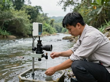 Field technician collecting water samples from a river monitoring station using professional equipment, overcast daylight, dense vegetation on opposite bank, clinical framing