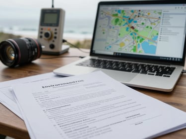 Close-up of environmental licensing documents spread on a field desk alongside a laptop displaying a GIS map, overcast coastal daylight, technical instruments visible in background