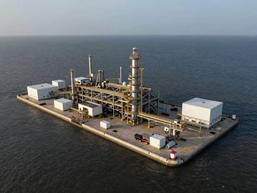 Aerial drone shot of an industrial coastal facility undergoing environmental impact assessment, wide frame with dark ocean water and infrastructure visible, overcast natural light