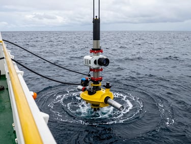 Research vessel deploying a CTD probe into dark ocean water during a hydrodynamic survey, overcast coastal daylight, instruments and cables visible on deck in clinical close-up