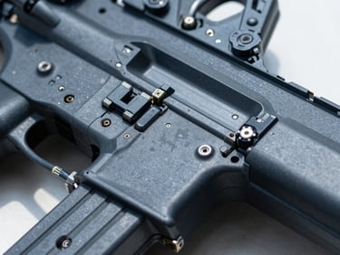 Retro-fitted tactical hardware with exposed wiring and metallic sheen, desaturated, under harsh direct sunlight, extreme close-up.