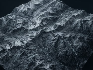Desaturated high-altitude satellite topography of the Rocky Mountain sector, overlaid with faint structural wireframe schematics, under cold clinical light. Overhead perspective.