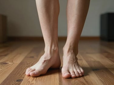 Close detail of bare feet planted on a wooden studio floor, north-facing daylight, sharp focus on the arch and heel, empty room visible in soft background