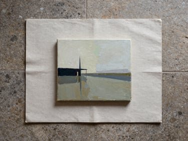 Flat overhead study of a small abstract painting on unfinished linen, resting on a stone floor, north-facing diffuse light, minimal texture, no shadow