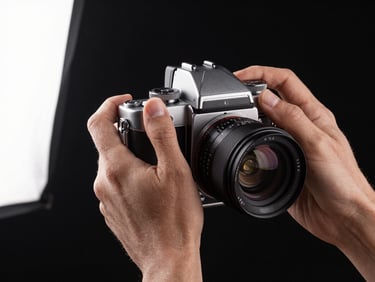 Tight cinematic still of hands adjusting a medium-format camera, studio strobe raking light from the left, black background, sharp metallic detail visible on the shutter dial
