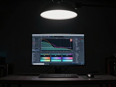 Wide cinematic frame of a single-person studio space in near-darkness, one hard overhead spotlight illuminating a monitor showing color grading curves, deep black surroundings, no other figures