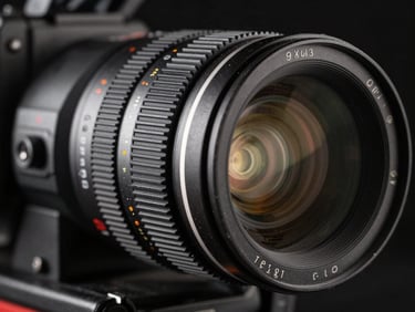 Extreme close-up of a cinema camera lens in use, hard tungsten side-lighting casting deep shadow across the barrel, metal detail sharp against black background, cinematic and precise