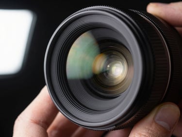 Close-up of a camera lens element reflecting a studio strobe light, hands partially visible adjusting the mount, black background, single hard light source catching the glass edge, sharp mechanical detail, no soft focus