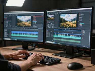Tight landscape frame of hands at a professional editing timeline — fingers resting on a keyboard, two high-resolution monitors showing footage in the background, hard directional studio light from above casting crisp shadows on the desk surface, no visible face