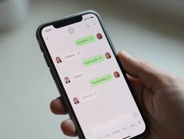 Close-up of a smartphone screen in a practitioner's hand showing a patient messaging thread with automated follow-up responses in a clean chat interface, overcast natural light, tight frame on the device and thumb, clinical neutral background out of focus