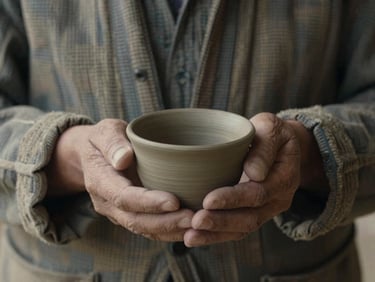 Close-up of a local resident's hands holding a simple clay teacup, soft interior light, detailed texture of woven textiles in the background.