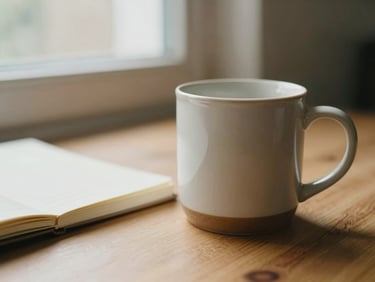 A close-up of a warm ceramic mug resting on a wooden table next to a soft notebook, gentle window light, shallow depth of field.