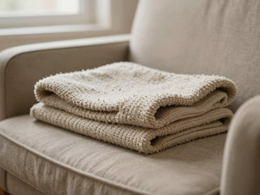 A close-up of a textured wool blanket folded neatly on a comfortable armchair in a warm, peaceful room, soft daylight.