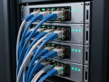 Clean, organized server rack with glowing cyan LED status lights, blue and white ethernet patch cables neatly managed