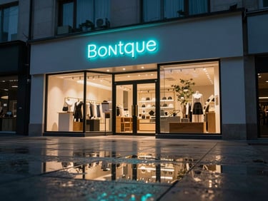 Low-angle shot of a modern boutique storefront with a glowing neon cyan sign at dusk, reflecting on the pavement.