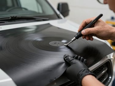 Macro shot d'un technicien appliquant un film vinyle noir mat sur la carrosserie d'un utilitaire, outils de pose précis, lumière d'atelier directionnelle.