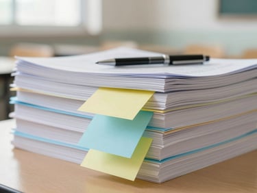 A stack of textbook pages with colorful sticky notes, a pen resting on top, bright natural lighting, focused study environment.