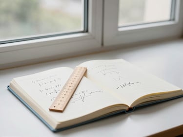 An open notebook with neat handwritten math equations and a wooden ruler, soft daylight from a school window, minimalist academic aesthetic.