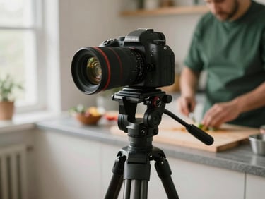 A professional camera setup on a tripod in a quiet kitchen, soft natural light, chef prep board in the background, 35mm