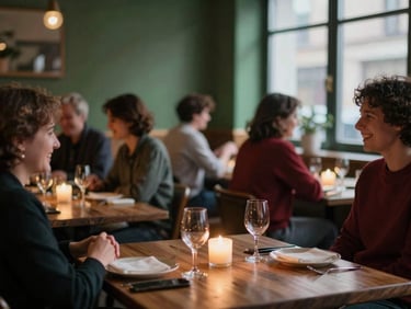 A cozy Scandinavian-style restaurant dining room at dusk, soft warm candle light, guests laughing in soft focus, 35mm