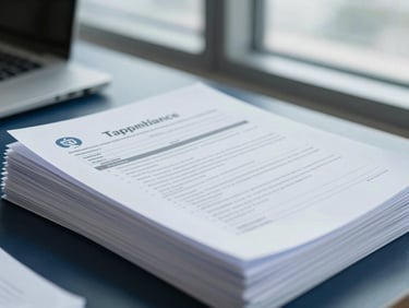 Close-up of organized tax compliance files and corporate paperwork, clean professional environment, cool-toned corporate lighting.