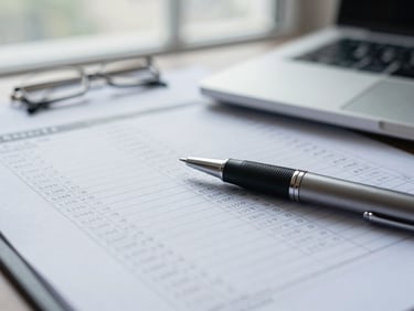 Macro shot of structured financial ledger documents on a desk, a premium pen resting on the page, sharp focus, cool window daylight.