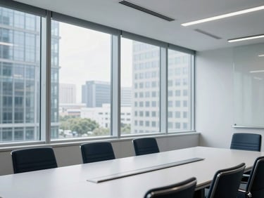 A clean, modern corporate boardroom window overlooking a structured urban landscape, cool-toned daylight, sharp focus.