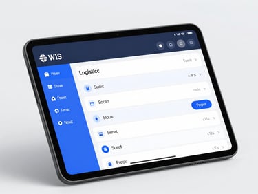 A crisp Android device mockup displaying a minimalist logistics dashboard with real-time tracking, cool blue highlights, sharp focus