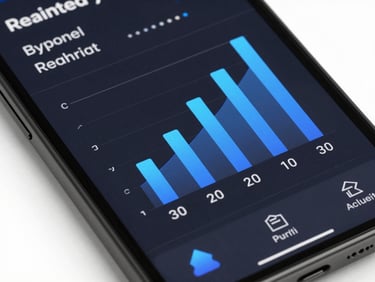 High-fidelity Android mockup of a digital banking app interface with dark slate background and electric blue charts, macro shot