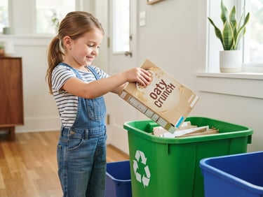 Bright natural daylight photo of a child placing a clean cardboard cereal box into a bright green recycling bin, eye-level medium shot.