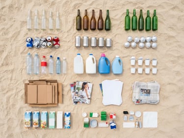 Top-down flatlay of clean household recyclables sorted into distinct neat groups on a light warm sand surface, crisp daylight
