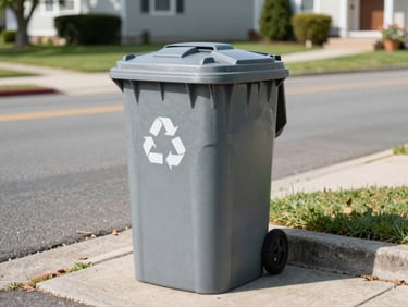 A clean residential recycling bin on a New Jersey suburban curb, bright natural morning light