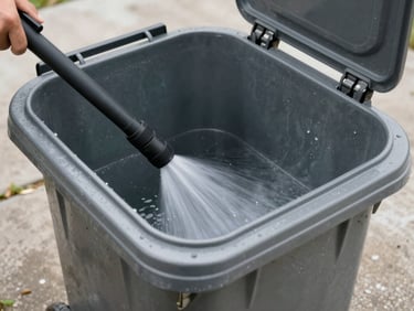 Close-up of a residential wheeled bin with a high-pressure cleaning nozzle inserted into the container opening, water and cleaning solution spraying the interior walls, outdoor daylight, concrete driveway visible below
