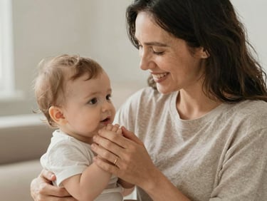 Mãe sorrindo suavemente enquanto segura a mão de seu filho, luz do dia difusa, momento emocional autêntico