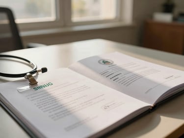 Wide environmental shot of a credentialing file open on a table in a home interior, gold afternoon light from a window, a nurse's identity badge and a printed certification document visible — refined, documentary, no faces