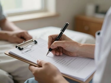 Close-up of a nurse's hands writing clinical notes on a clipboard, warm window light falling across the page, a patient's hand resting on a bedcover softly visible in the background — documentary warmth, shallow depth of field