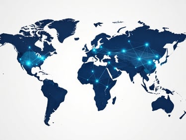 A professional world map with digital glowing data points and lines representing a global supply chain network. The aesthetic is corporate and high-tech, using #0F2C4E and #8DCBEF for the glowing connections against a subtle off-white background.