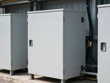 Crisp commercial photography of sleek commercial battery storage units next to heavy-duty cabling, cool daylight, high contrast, technical industrial aesthetic, 35mm.