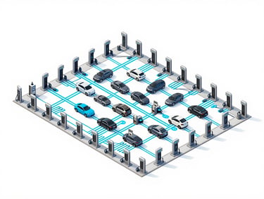 Precise isometric grid diagram of a large-scale EV charging hub showing energy flow, deep slate grays with electric cyan accents, stark white background, technical industrial aesthetic.